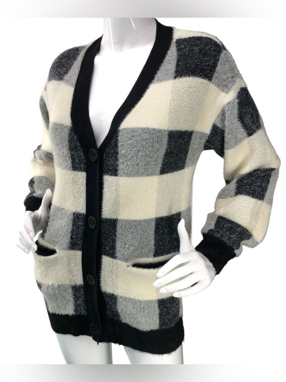 Cyrus Black and Cream Buffalo Plaid Cozy Knit Cardigan Preppy Sweater